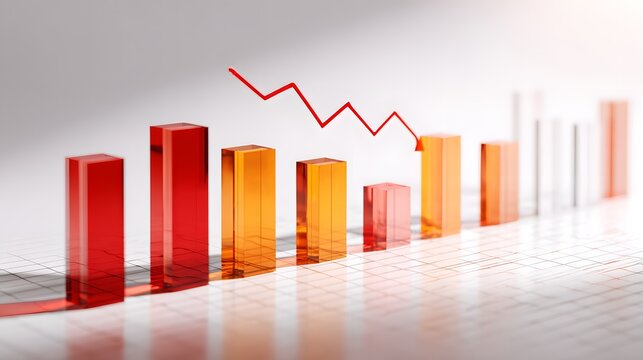 Transparent financial bar chart with a declining red line indicating a downturn