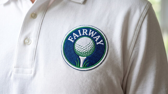 White polo shirt mockup close up with embroidered round golf ball on tee badge logo
