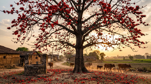 Vibrant red flowering silk cotton tree standing in a serene rural village at golden sunset light