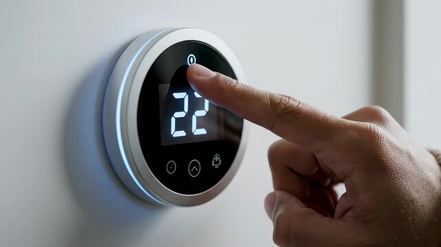 A person is pressing buttons on a digital thermostat to change the temperature in a residential setting. It appears to be a regular day at home