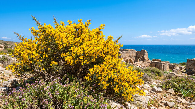 Vibrant yellow gorse bush blooming near ancient ruins overlooking the sparkling blue Mediterranean sea horizon line