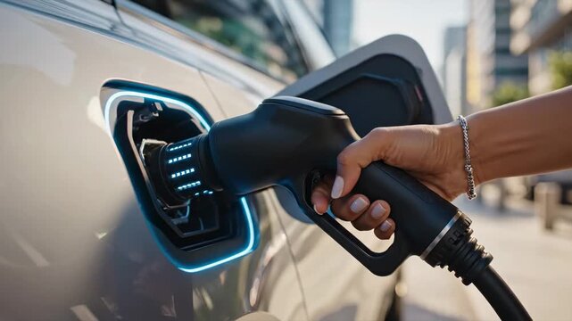 A person connects a charging cable to an electric car at a public charging station in a busy city. The sun shines on buildings in the background, showing a vibrant urban environment