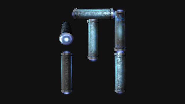A drag and drop overlay letter that is made up from animated metallic tubes that pulsate and rotate.
