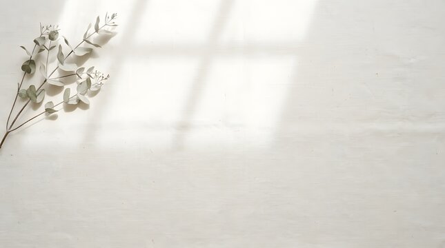 Eucalyptus branch casting soft window light shadows on textured off-white fabric background.