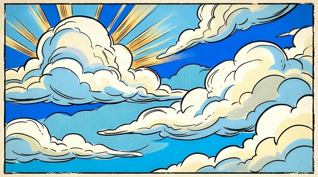 Cool Sky and Clouds Background Illustrated in Retro Comic Book Pop Art Style sky clouds comic pop art retro style background illustration graphic cartoon abstract artistic vintage cool weather