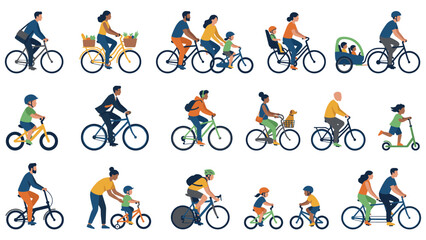 Obraz premium Diverse people riding bicycles and scooters in urban street scene.