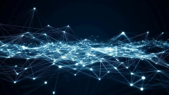 Glowing digital network mesh with pulsing nodes and connecting lines shifts and flows over a dark background. Animated texture shows points of light and lines with pulsing motion.