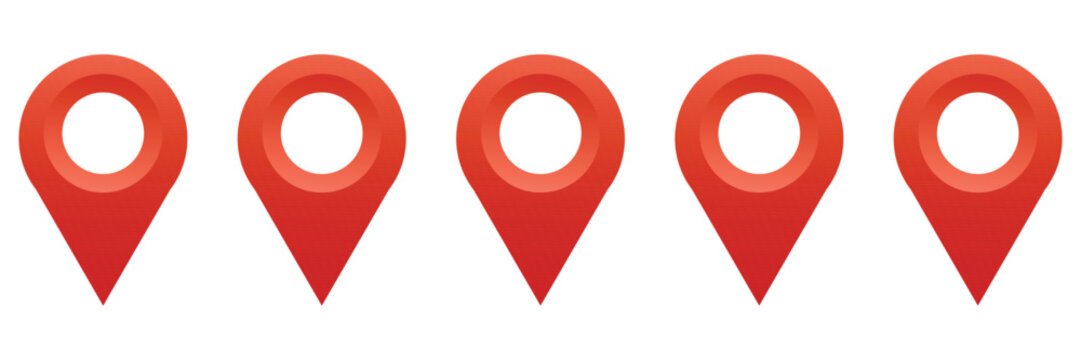 Set of glossy red gradient vector icons. Map pin, marker location realistic icons