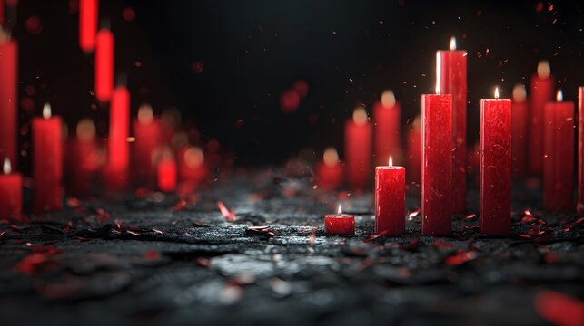 Red candles burning in darkness with scattered petals and bokeh effects