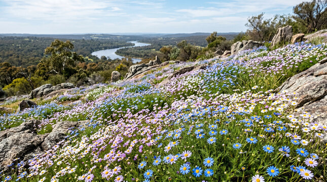 Vibrant colorful wildflowers blanket a rocky Australian hillside overlooking a winding river under bright daylight sun