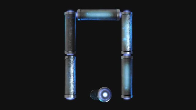 A drag and drop overlay letter that is made up from animated metallic tubes that pulsate and rotate.
