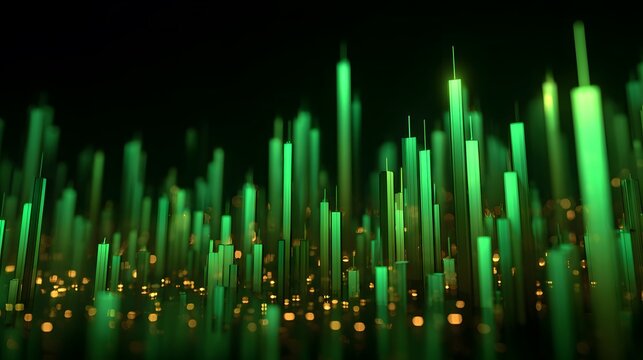 Abstract green financial candlestick chart with bokeh lights in dark background