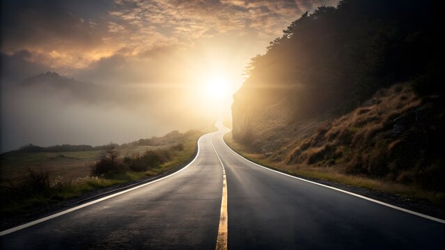 Asphalt road winding through misty mountains towards a golden bright sunset in the early morning sky