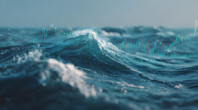 Turbulent ocean waves with superimposed stock market financial graph overlay
