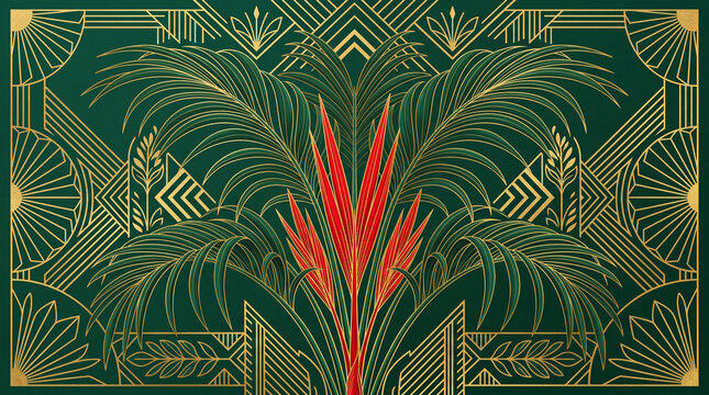 Elegant art deco botanical pattern featuring gold geometric lines and vibrant red foliage on dark green