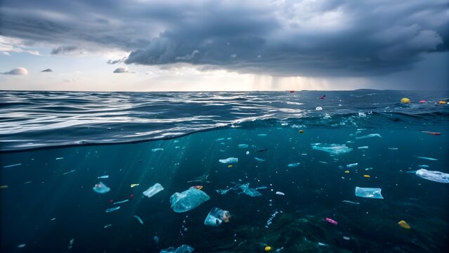 Plastic waste floating in deep blue ocean water under a dark cloudy dramatic stormy sky