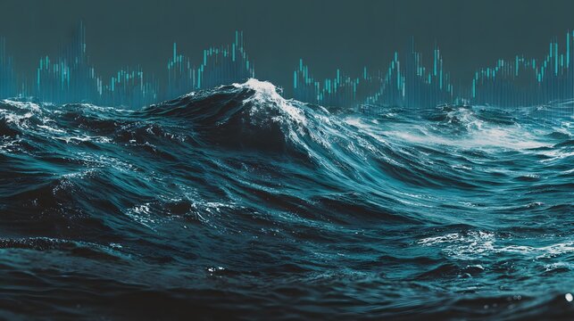 Turbulent ocean waves with superimposed stock market graph overlay