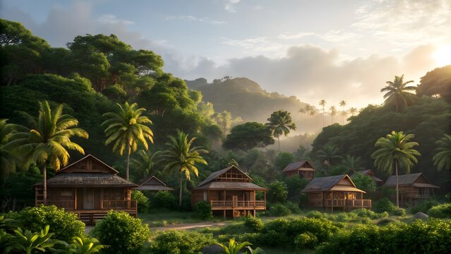 Wooden tropical cottages nestled within a lush green valley during a serene golden sunrise morning light