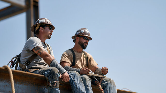 Steel erection crew on a harsh midday sun construction site, a couple pairing of ironworkers side by side on a beam eating lunch and applying contrast therapy ice wraps to