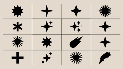 Fototapeta premium Sparkle icons set displaying various black stars, sunbursts, celestial twinkles, glowing flares, and shooting comet shapes arranged neatly in a grid formation.