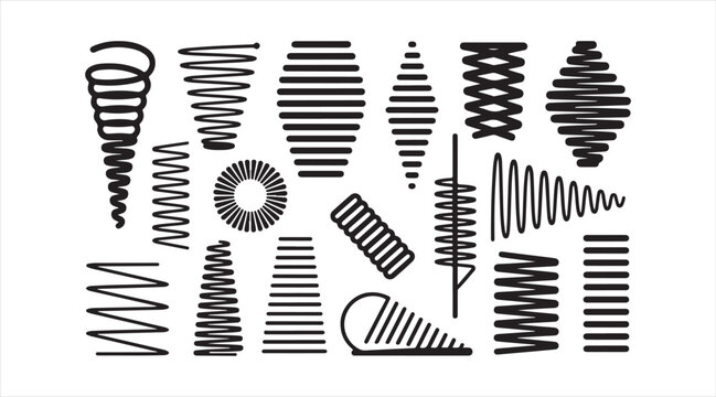 Black metal spring shapes and mechanical coil illustrations