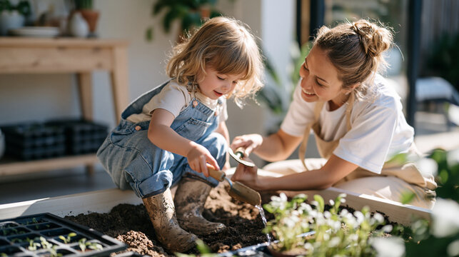 A child with muddy boots waters a raised garden bed alongside her adoptive mother in warm indoor lighting, candid unposed moment of a trowel being passed between them with