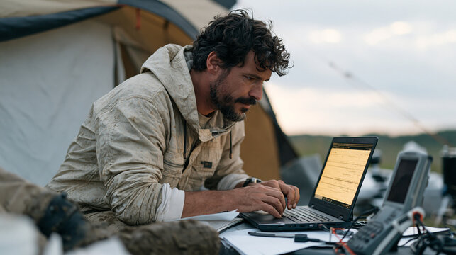 Seismology technician in a rain-soaked field tent monitors tremor readouts on glowing screens, muddy boots visible, storm clouds dramatic overhead, aftermath of a minor quake