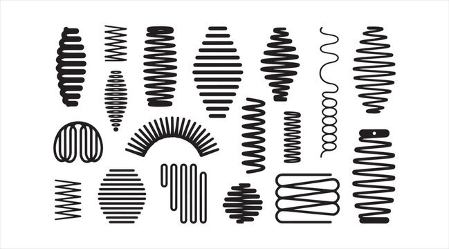 Mechanical springs and wire coil shapes black icon collection