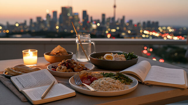 Food blogger shooting wide establishing urban rooftop flat lay of balanced meal surrounded by emotional eating journal and city skyline at dusk, busy street noise implied by