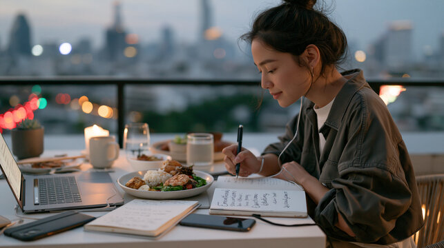 Food blogger shooting wide establishing urban rooftop flat lay of balanced meal surrounded by emotional eating journal and city skyline at dusk, busy street noise implied by