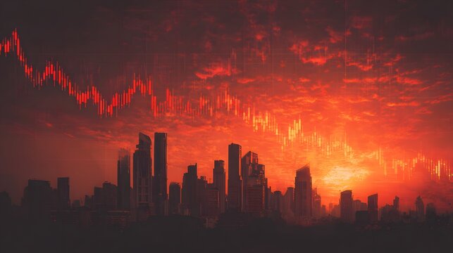 Dramatic red financial chart overlays a city skyline at sunset