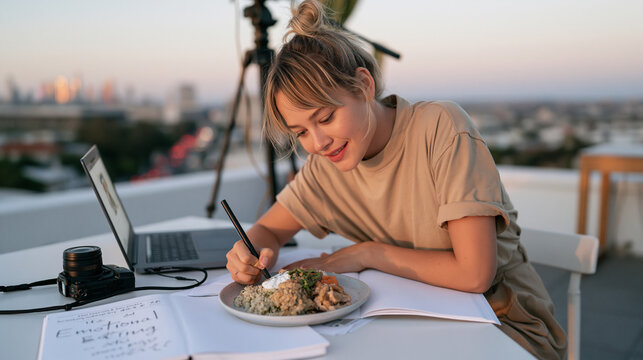 Food blogger shooting wide establishing urban rooftop flat lay of balanced meal surrounded by emotional eating journal and city skyline at dusk, busy street noise implied by
