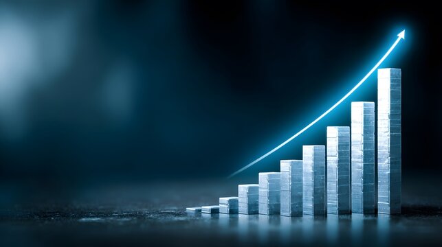 Financial bar graph with upward arrow showing growth and success