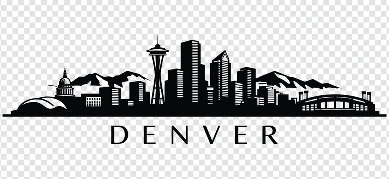 Denver city skyline silhouette with iconic buildings and mountains