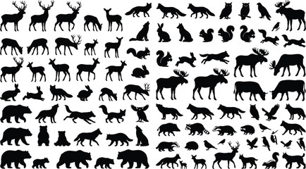 Obraz premium Wild Forest Animal Silhouette Vector Collection with Mammals and Birds Isolated on White