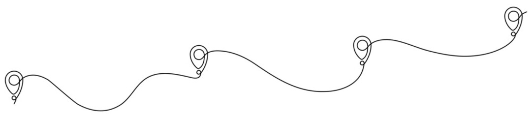Obraz premium Travel line pin marks. Navigation locator icon with continuous winding route path. Vector illustration isolated on white.