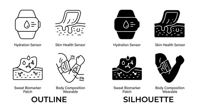 Health Technology Icons: A collection of outline and silhouette icons depicting health and hydration sensors, a sweet biomarker patch, and a body composition wearable.