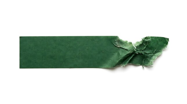 Torn green paper strip, ripped emerald banner, crumpled texture on white background, textured graphic element, vintage scrap