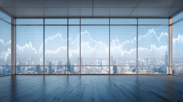Modern office with panoramic city view and financial stock market charts overlay