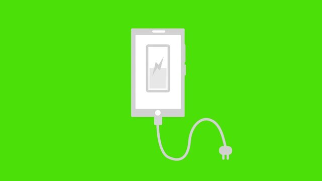 Phone charging icon with cable and plug battery partially filled with lightning bolt symbol animation