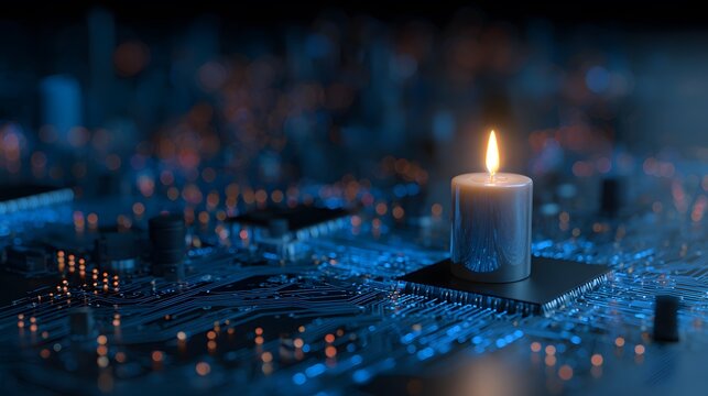 Candle burning on a computer motherboard with glowing circuits
