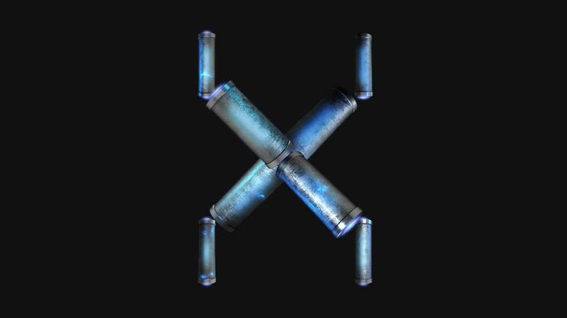 A drag and drop overlay letter that is made up from animated metallic tubes that pulsate and rotate.
