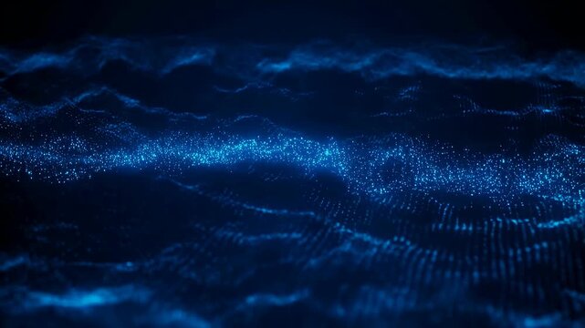 Blue glowing particles flow and pulse forming wave-like patterns on a dark background. Waves undulate smoothly creating a digital energy field with soft glowing diffusion effects.