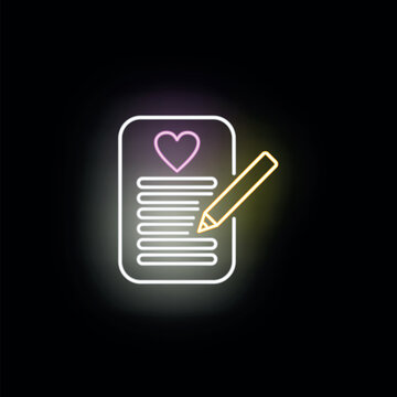 Neon illuminating love letter with heart symbol being written by a pencil