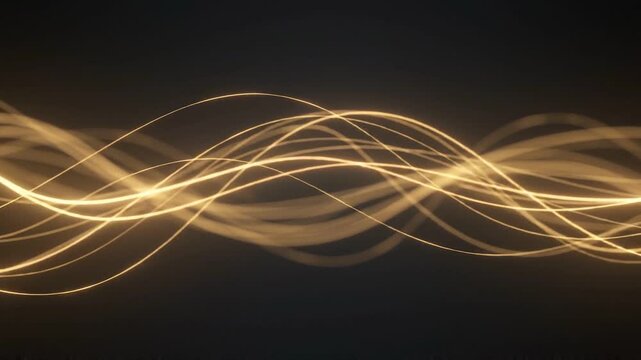 Horizontal seamless loop video of glowing golden energy waves and smooth light threads on a dark background