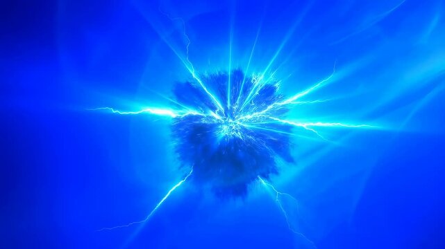 Bright blue electric energy core expands while radiating lightning bolts and glowing plasma clouds. Animated scene combines glowing core and lightning streaks with light.