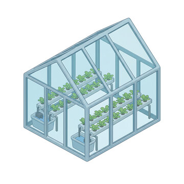 Hydroponic Scene 3D Illustration, Hydroponic greenhouse with growing lettuce plants in isometric vector