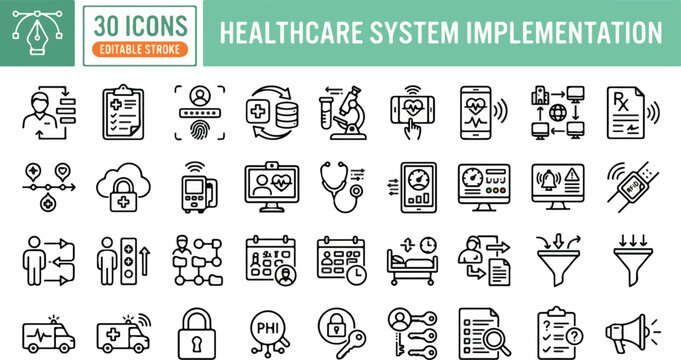 Healthcare system implementation icons showing thirty linear vector symbols for medical technology and hospital management.