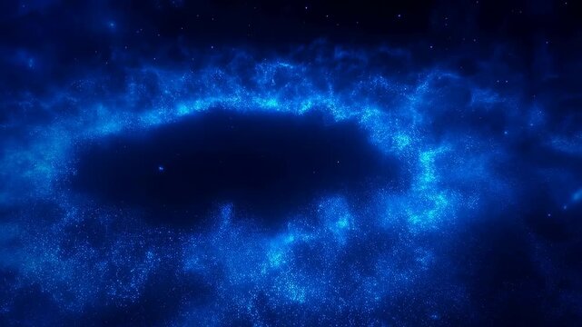 Glowing blue ring of particles flows and swirls on a dark background. Particles flow and pulse smoothly, creating a soft glowing effect with diffuse light haze for digital animation use.