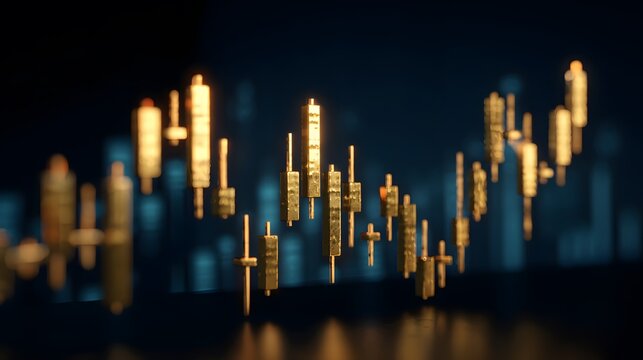 Golden candlestick chart showing upward trend on a dark blue background